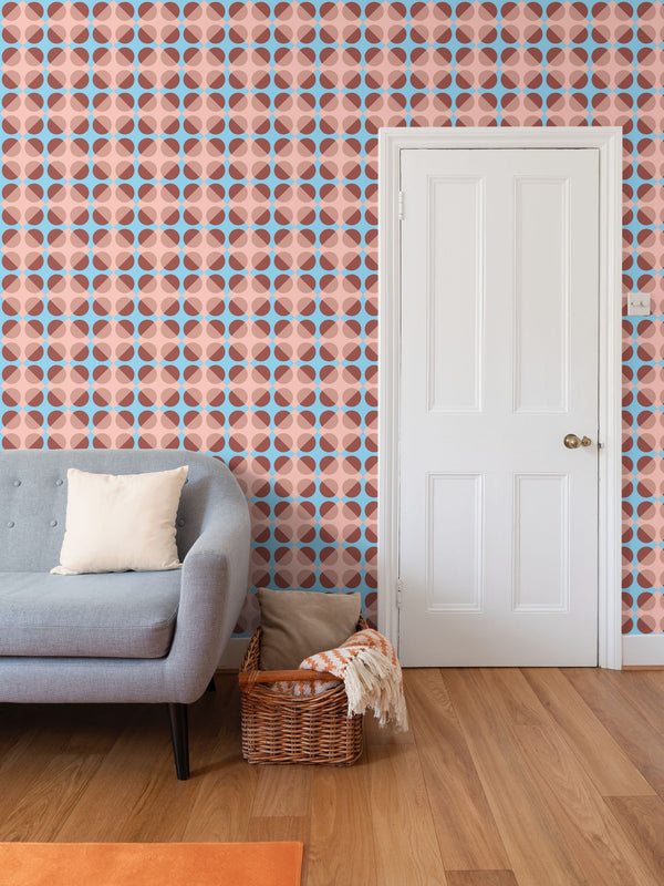 Circular Squares Wallpaper in Pink and Cornflower