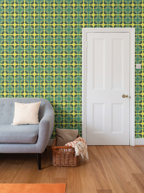 Circular Squares Wallpaper in Arylide Yellow & Viridian Green