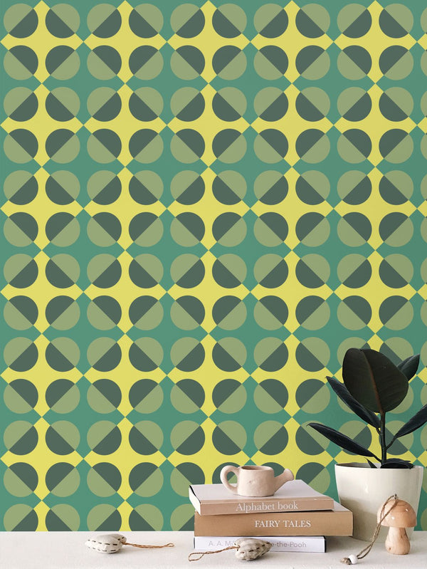Circular Squares Wallpaper in Arylide Yellow & Viridian Green