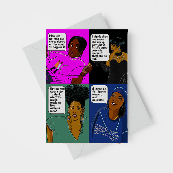 three images of the Living Single Cast with balloons of dialogue. Max is on a fuscia backtround, Regine is in black on a black background. Synclair is in green on a green background.  Kadijah is in blue on a blue background and wears a Howard sweatshirt 